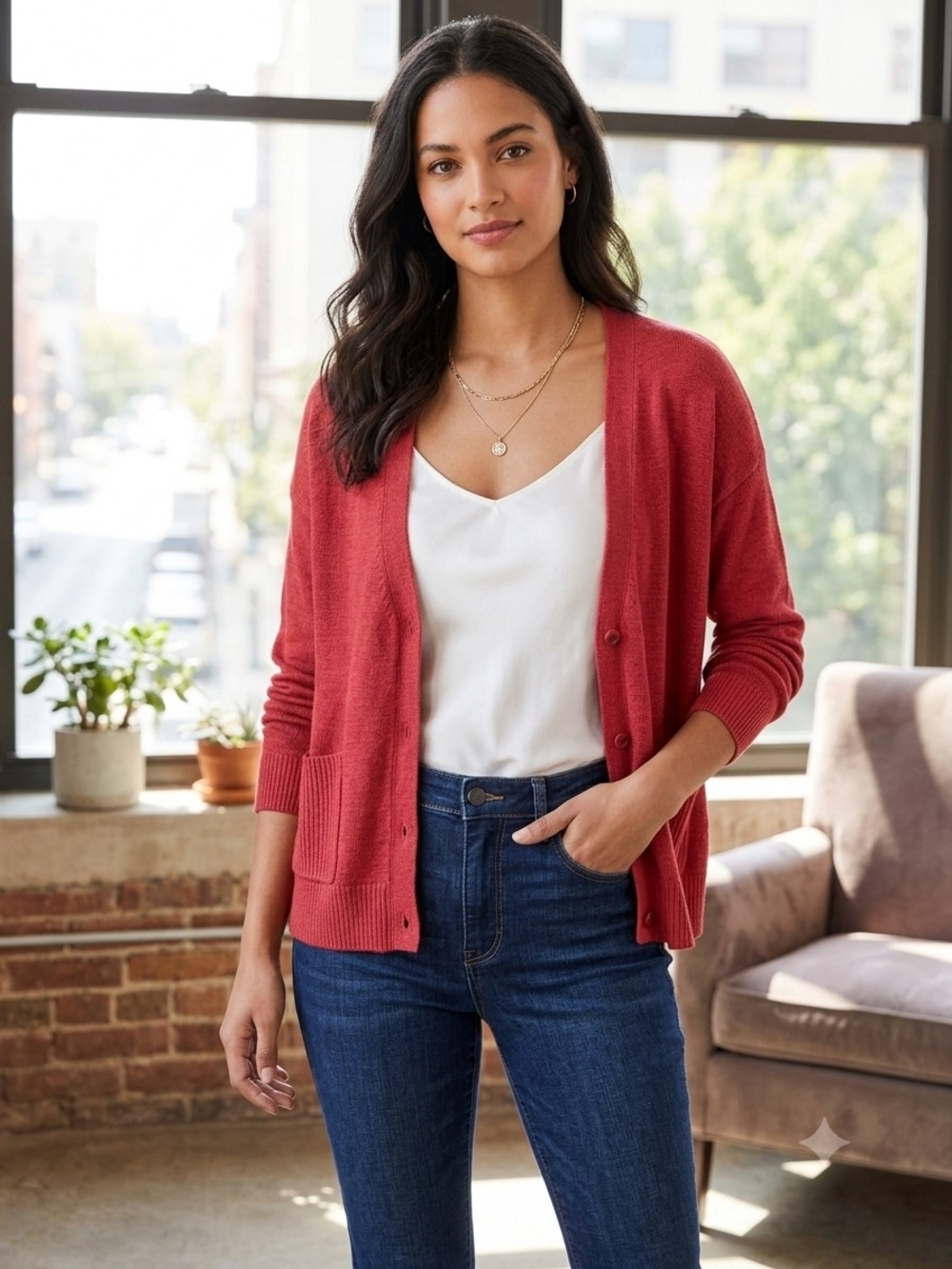 Anthropologie Rust Red Button-Up V-Neck Cardigan